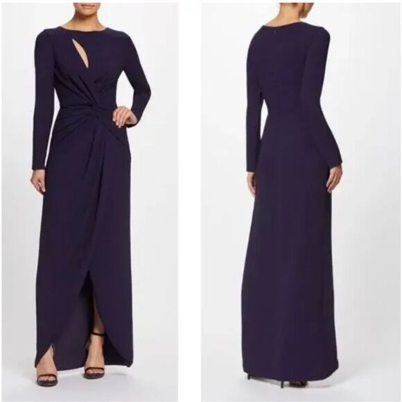 NWT Dress the Population Naomi Long Sleeve Twist Crepe Gown Sz XXS Boysenberry - Picture 9 of 15